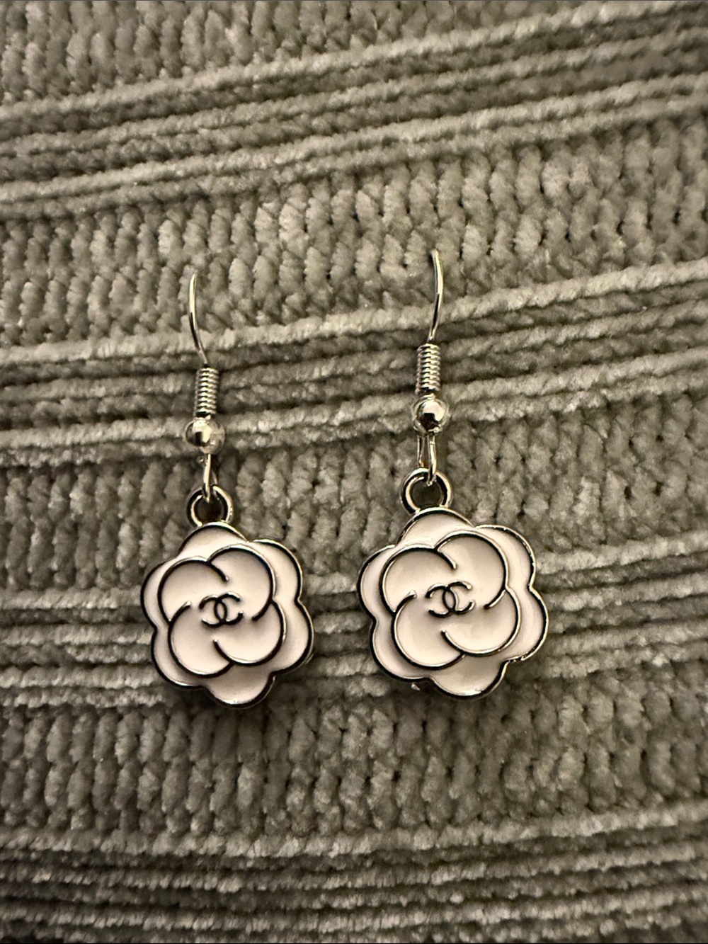 Up-Cycled White Camellia Drop Earrings with Silver-Tone Hooks
